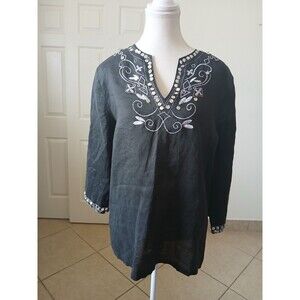 Morgan Cole Womens Blouse Tunic Black Embroidery‎ Sequin V-neck Size XL